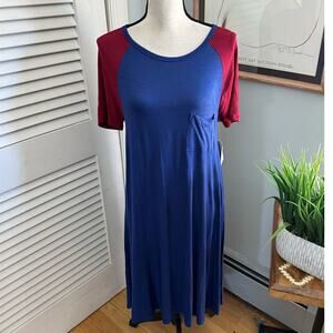 LULAROE Womens Dress Small Blue Red Carly Color Block Jersey Knit Casual Midi